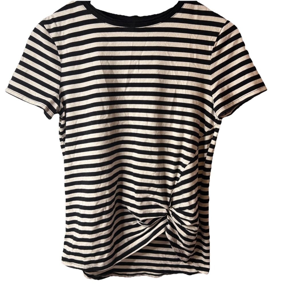 Chico's The Ultimate Tee Blk/Wht Striped Short Slv Twist Detail Size 0 Small